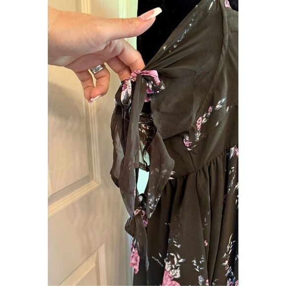 Free People Black Midnight Combo Floral Tied To You Empire Waist Dress Medium - Picture 11 of 11
